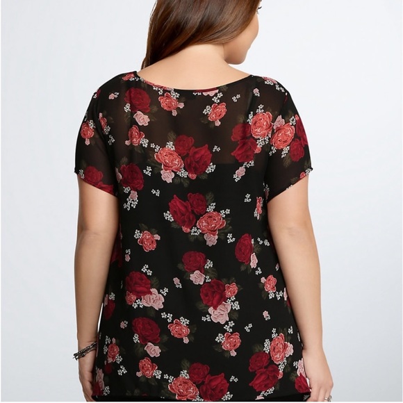 torrid Black Floral Chiffon Sharkbite Swing Tee - Picture 2 of 10